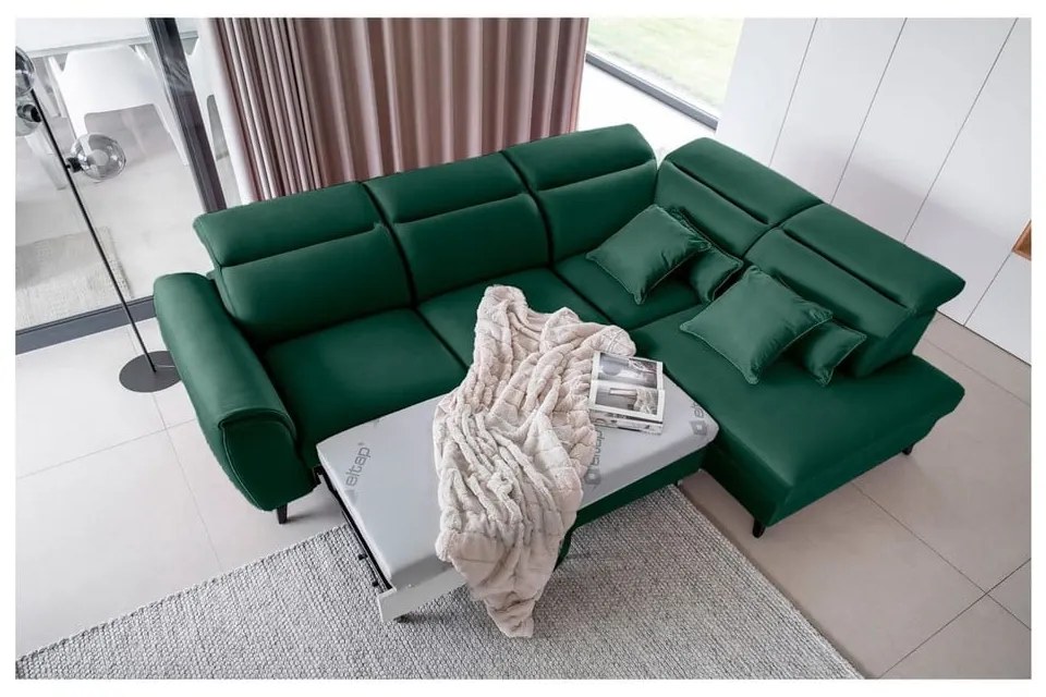 Divano angolare verde allungabile/con contenitore (con penisola a destra/a L) e rivestimento in velluto Noble – ELTAP