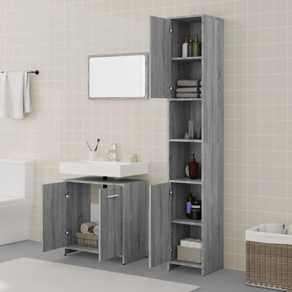 Set mobili da bagno 3 pz grigio sonoma in legno multistrato