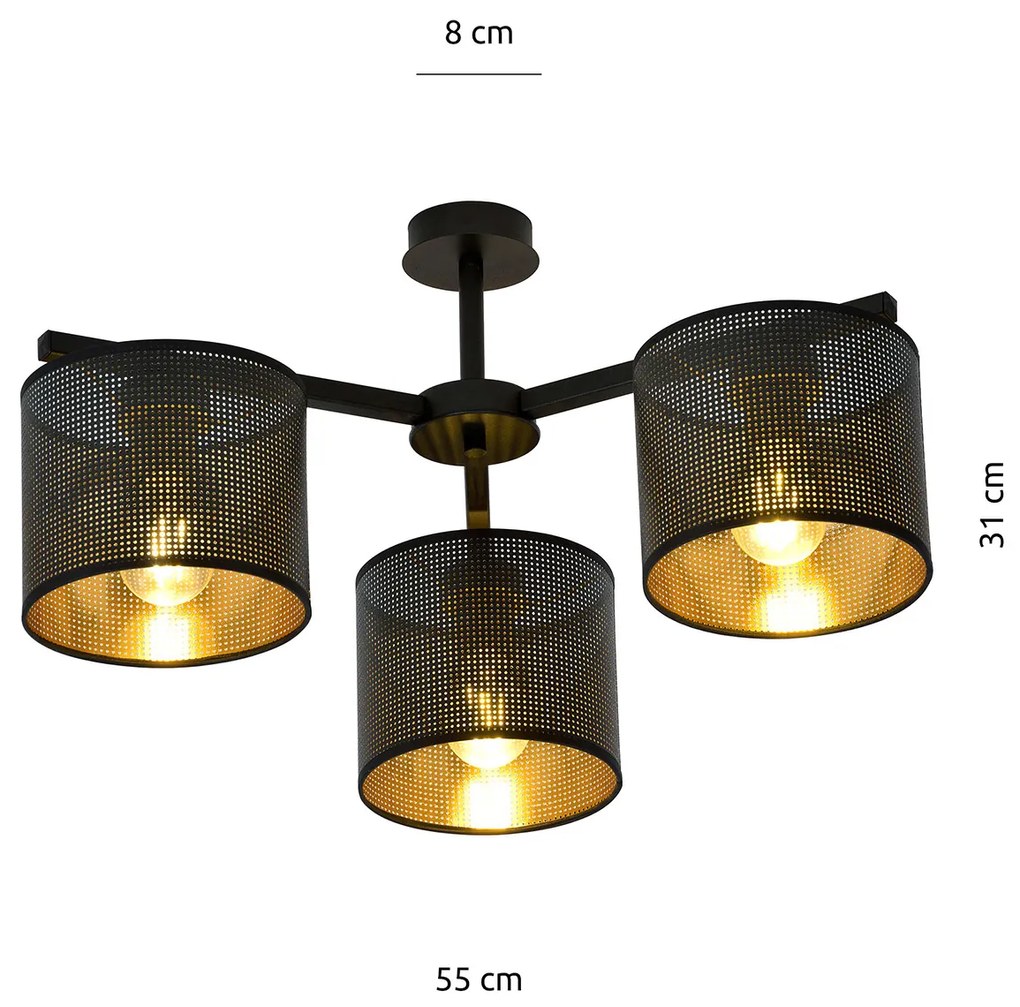 Plafoniera Industrial 3 Luci Cigno In Acciaio Nero E Paralumi A Cilindro Oro