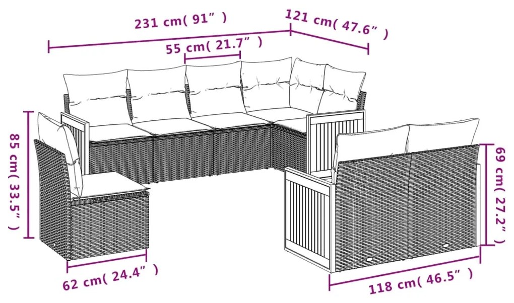 Set divani da giardino con cuscini 8 pz nero in polyrattan