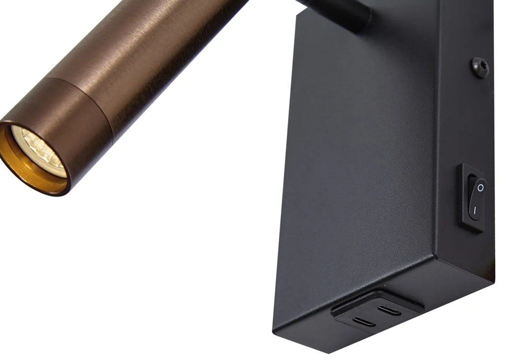 Lampada da parete moderna nera con bronzo scuro regolabile con USB-C - Croft