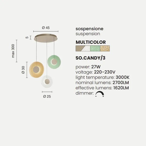 Lampada a sospensione 45 cm CANDY 3 Luci in metallo e vetro graniglia MULTICOLOR