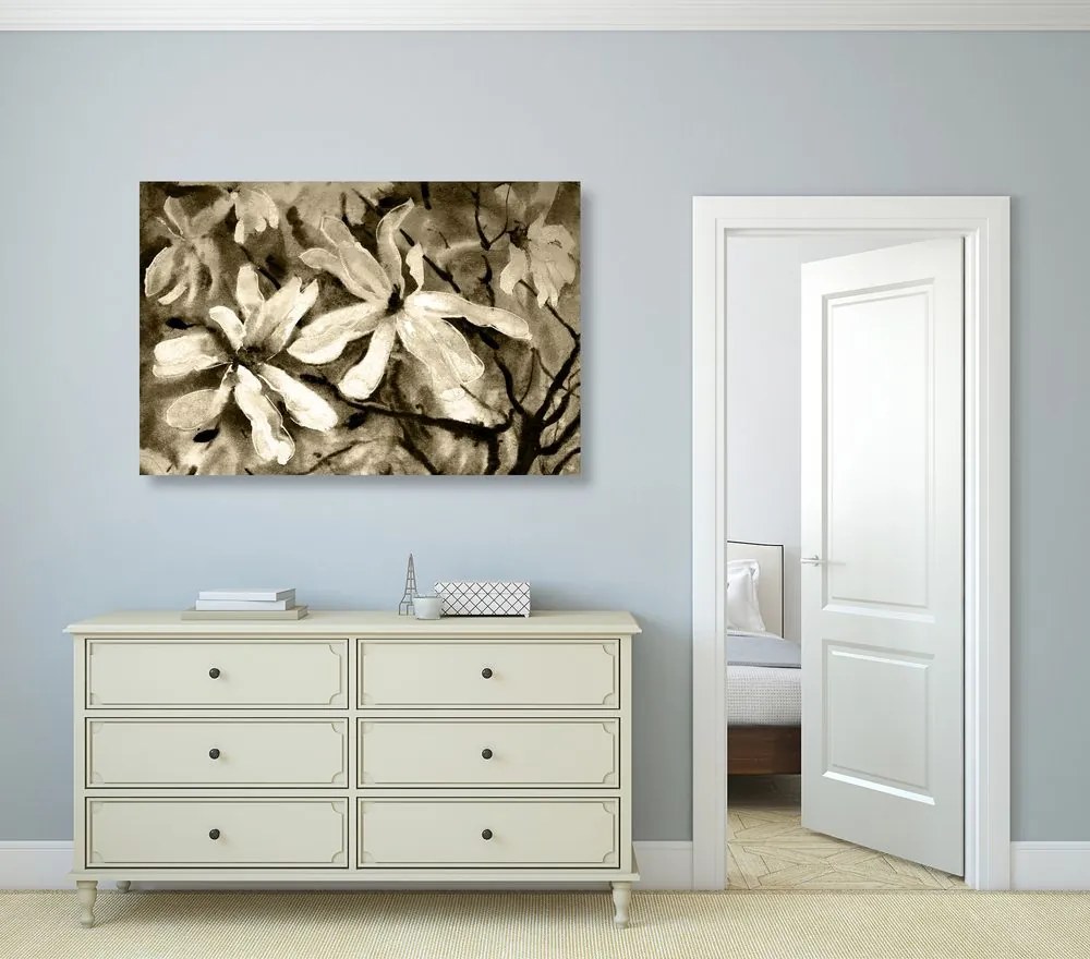 Quadro su tela – Albero acquerellato in fiore in versione seppia