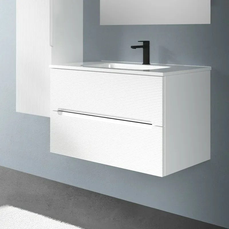 Mobile bagno sospeso 80 bianco cannettato 2 cassetti lavabo e specchio Rigo