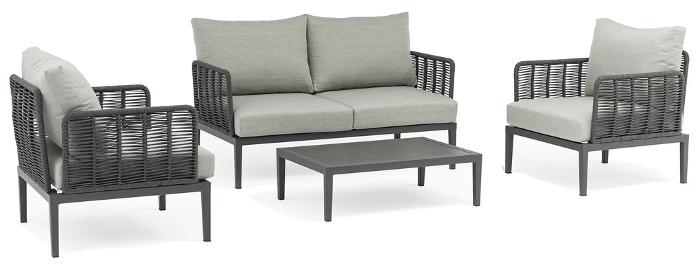 ESCONDIDO - salotto con struttura in alluminio antracite e corda in pvc, tavolino effetto pietra