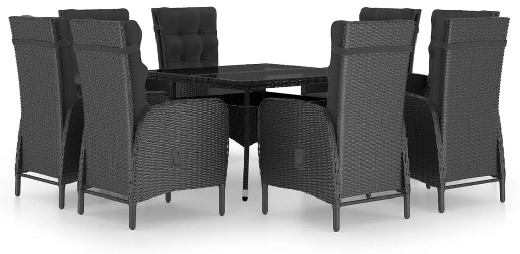 Set da Pranzo da Giardino 9 pz in Polyrattan e Vetro Nero