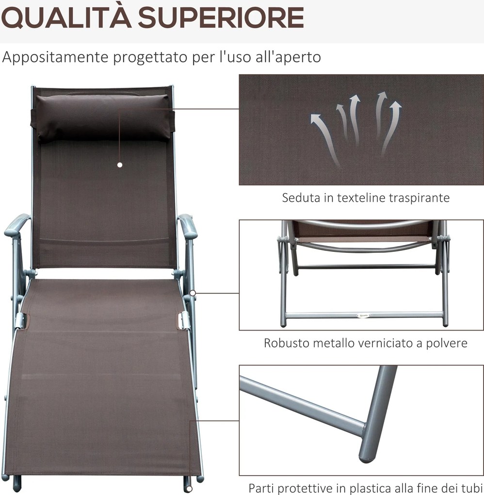 Lettino Prendisole Relax Reclinabile Pieghevole Telaio in Metallo Marrone 137x63.5x100.5 cm...