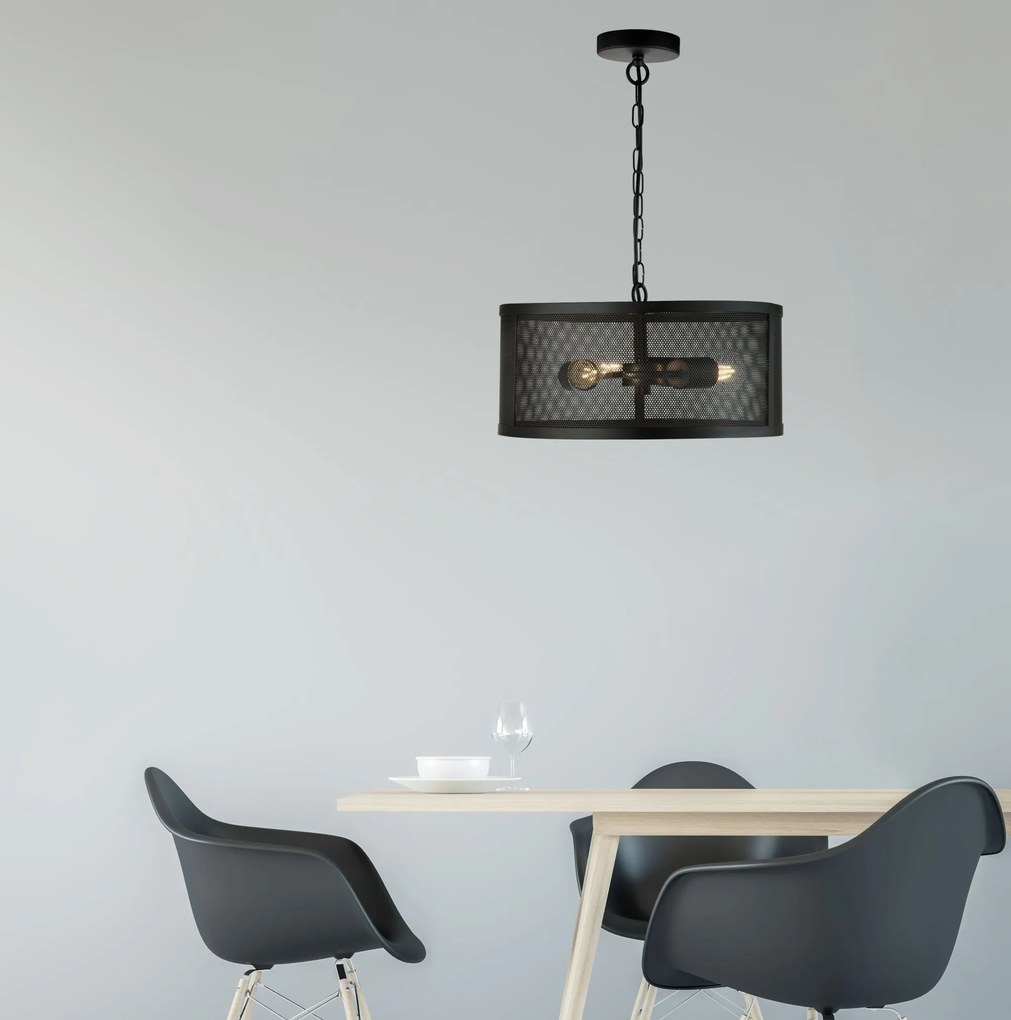 Lampadario Industrial-Nordico Rete Acciaio Nero 3 Luci E27