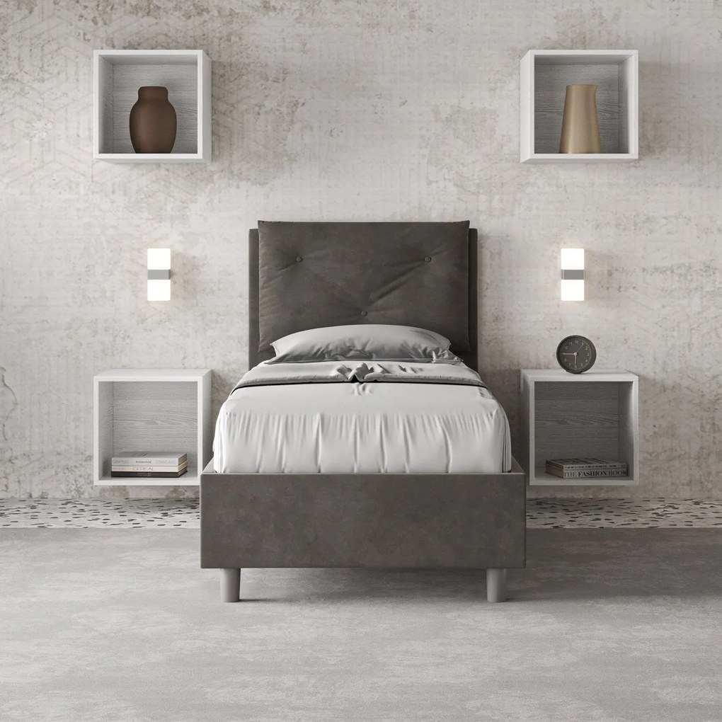 Letto singolo imbottito 80x190 microfibra Appia senza rete, con rete e contenitore, Grigio / Contenitore