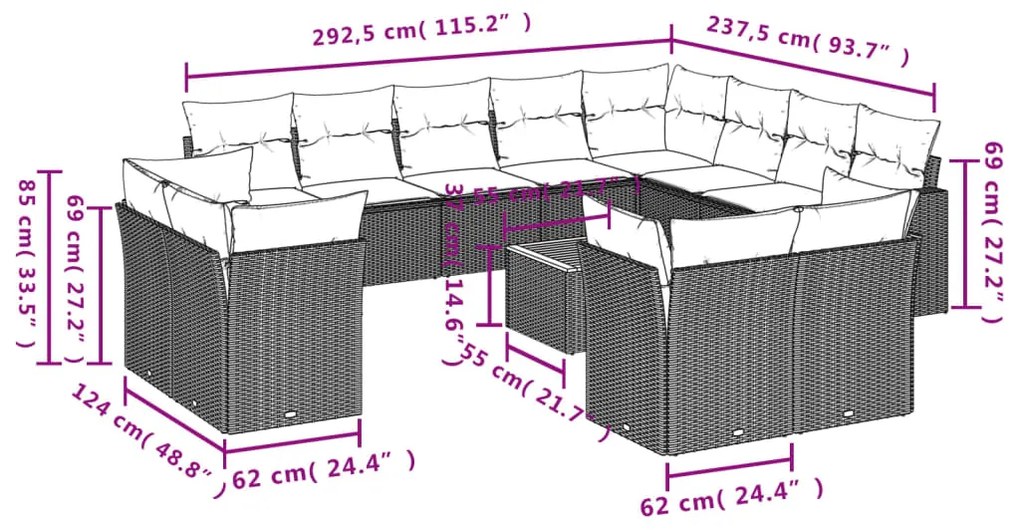 Set divani da giardino 13pz con cuscini nero in polyrattan