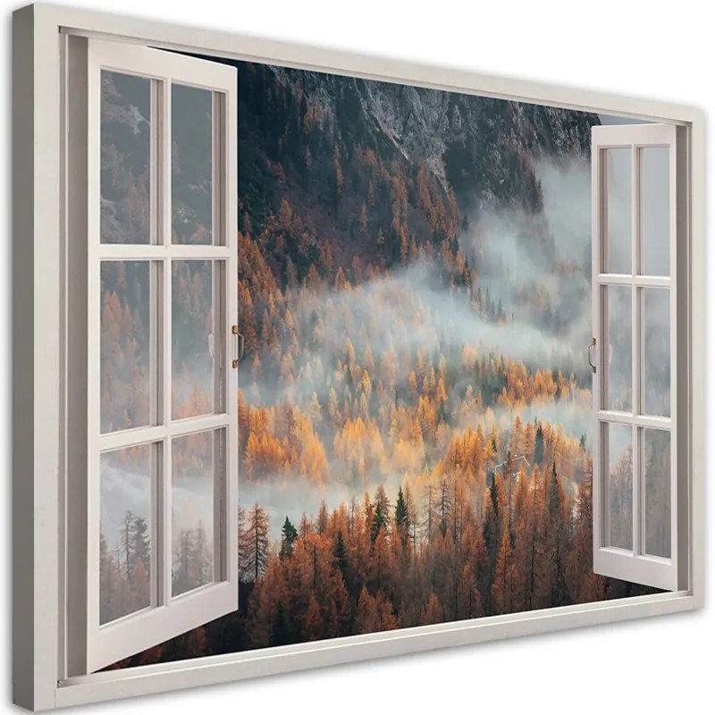 Quadro su tela, Finestra autunnale della nebbia in montagna  Dimensioni 100x70