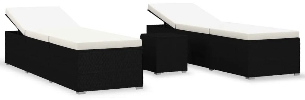 Lettini Prendisole con Tavolino 3 pz in Polyrattan Nero