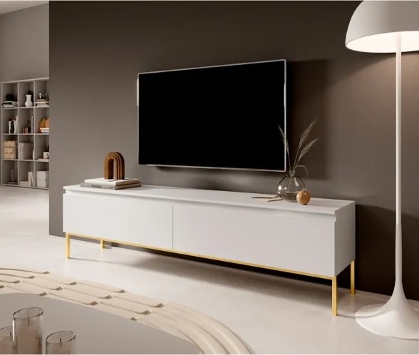 Mobile TV Da Terra 175 Cm 2 Ante Bianco Piedini Oro Lume