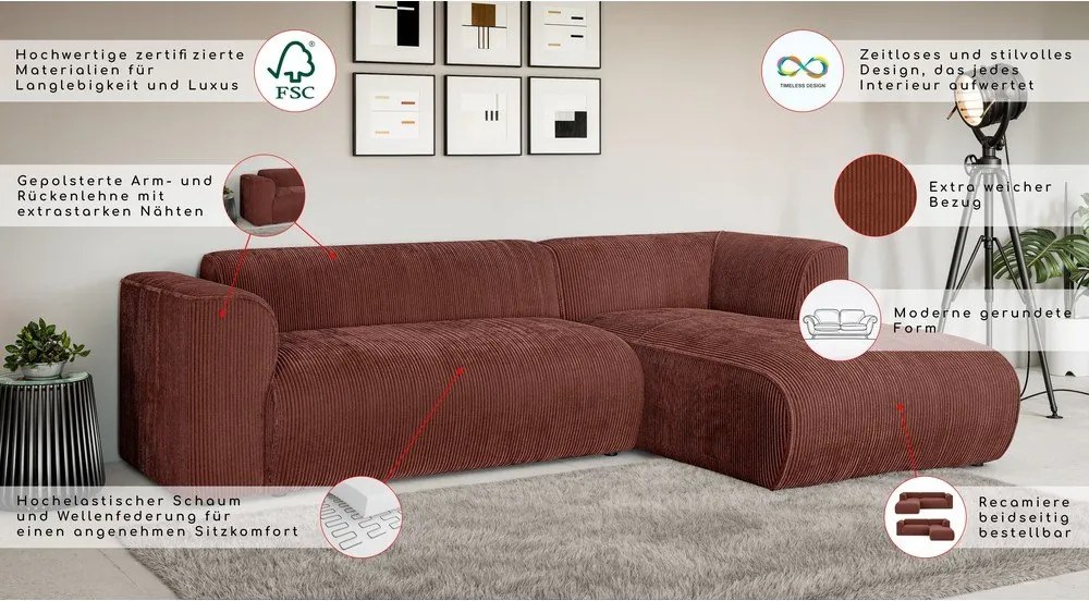 Divano angolare color terracotta (con penisola a destra/con chaise lounge) con rivestimento in velluto a coste Merid – Ropez