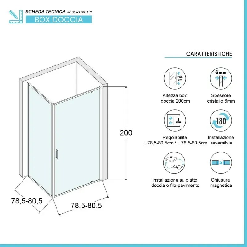 Box doccia angolare 80x80 cm con porta battente in cristallo serigrafato Ted