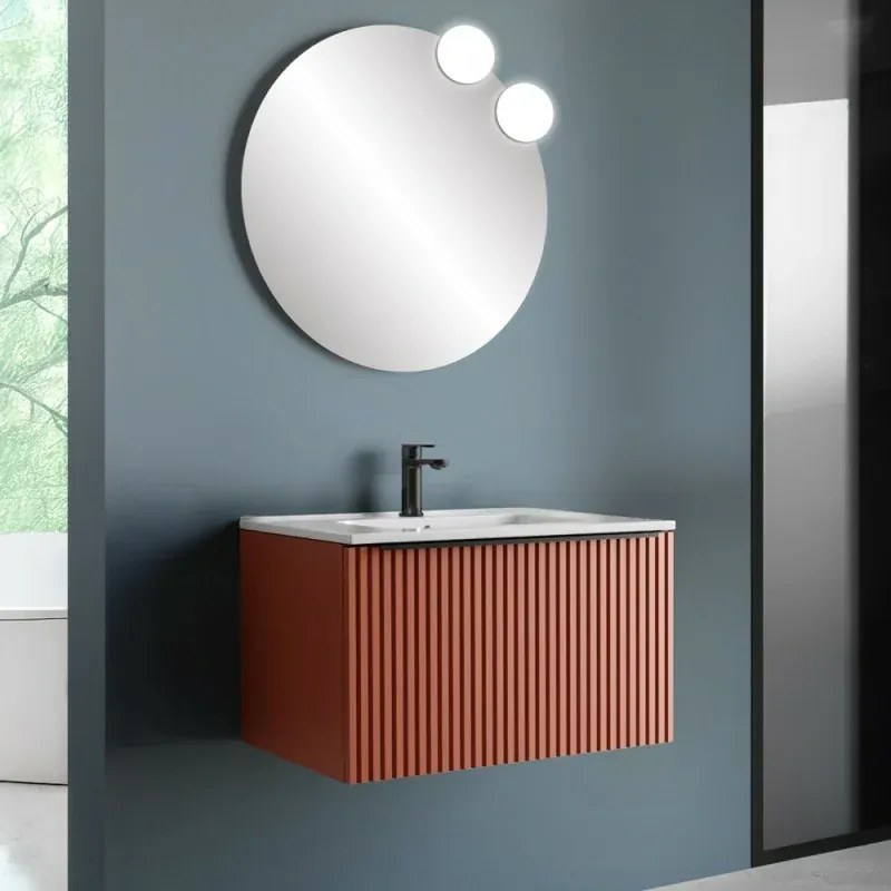 Mobile bagno sospeso 70 cm color terracotta cannettato con cassetto, specchio e lavabo Nara