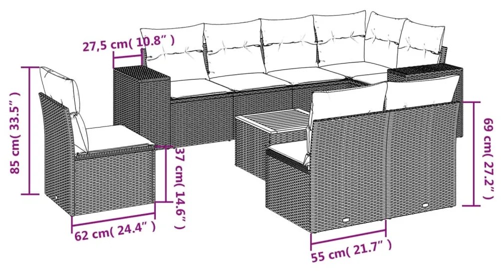 Set divano da giardino 9 pz con cuscini beige in polyrattan