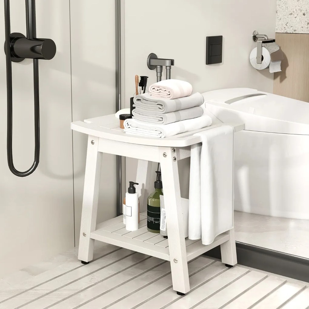 Costway Panca da doccia impermeabile con ripiano portaoggetti per bagno, Panca da doccia per soffione Bianco