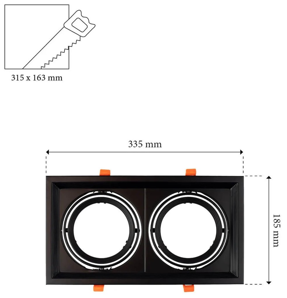 Faro da Incasso Orientabile Nero - 2 lampade AR111 Foro 315x163mm