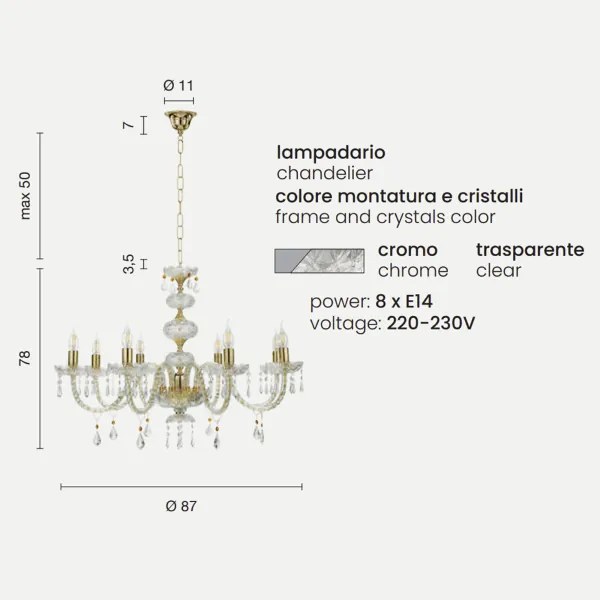 Lampadario sospeso DALLAS D87 cm in cristallo con finiture cromo 8 luci