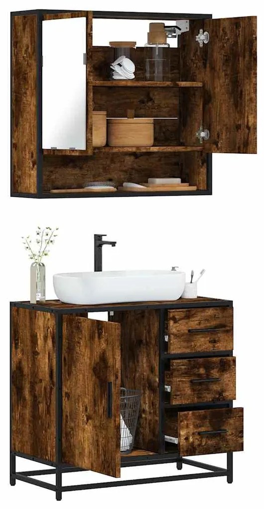 Set Mobili Da Bagno 2 Pz Rovere Fumo İn Legno Multistrato /