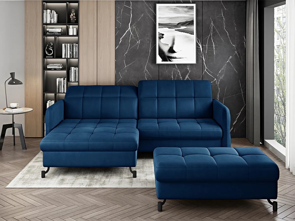 Divano letto angolare con pouf Chamonix - Tessuto blu