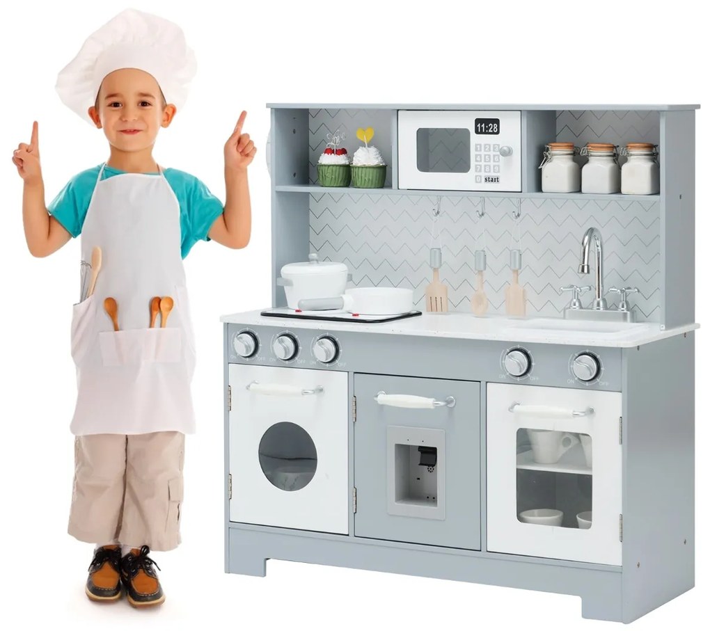 Costway Cucina giocattolo in legno per bambini con utensili accessori lavandino telefono, Set di cucina finta Grigio