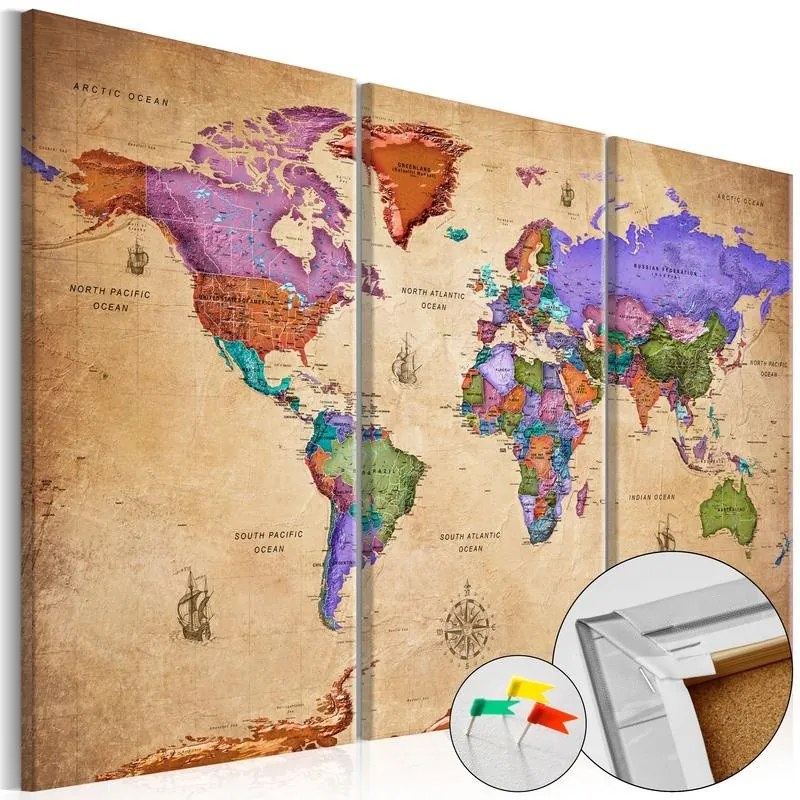 Quadri di sughero  Colourful Travels (3 Parts) [Cork Map]  Larghezza x Altezza Home decor 120x80