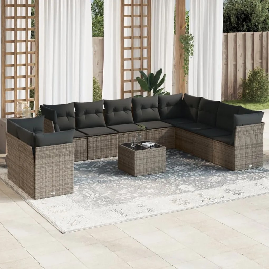 Set divani da giardino 11 pz con cuscini in polyrattan grigio