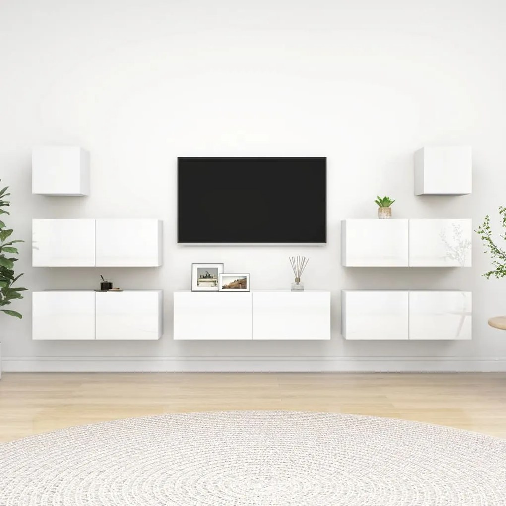 Set di mobili porta tv 7 pz bianco lucido in legno multistrato