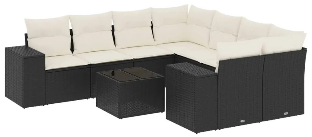 Set divani da giardino 9 pz con cuscini nero in polyrattan