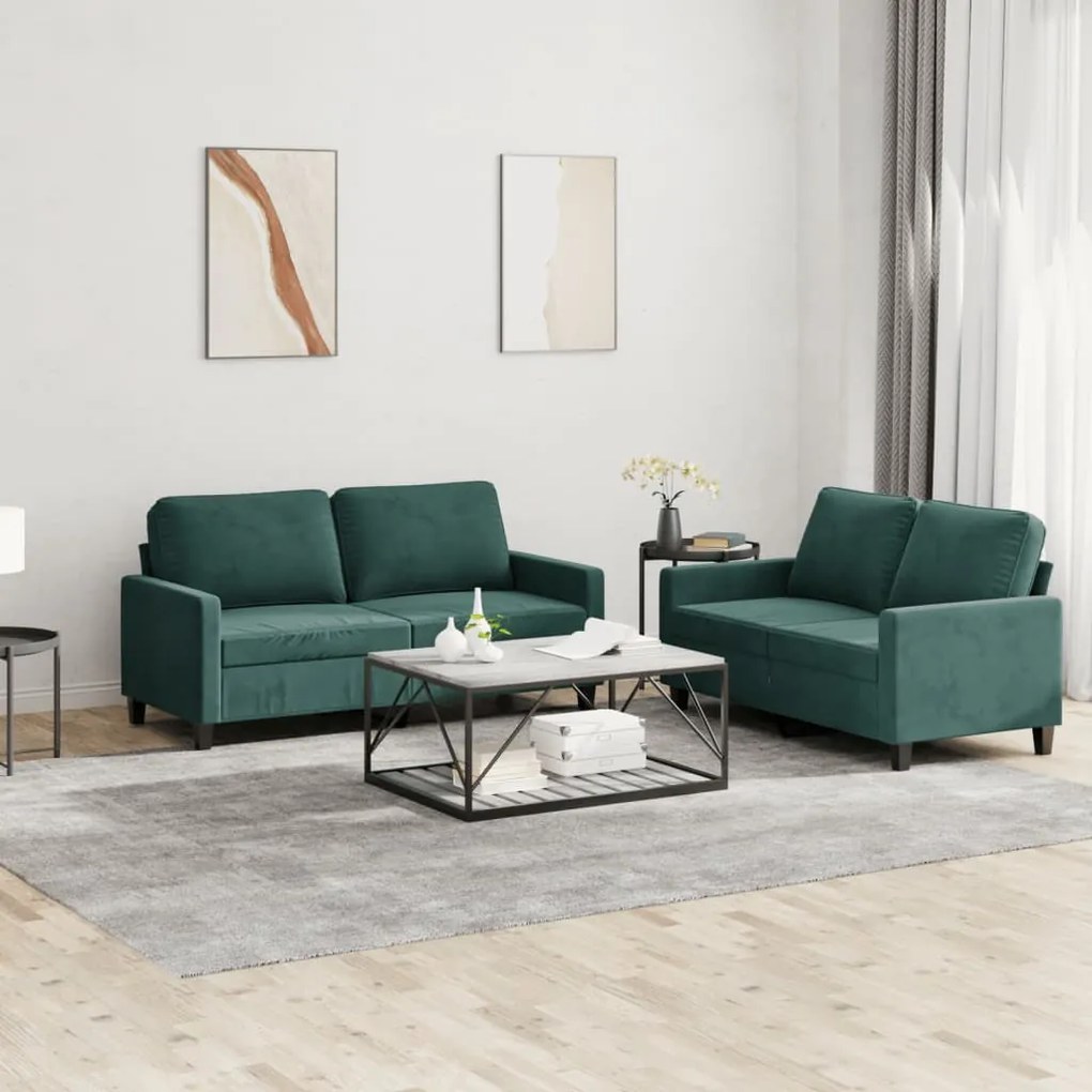 Set Di Divani 2 Pz Con Cuscini Verde Scuro İn Velluto /