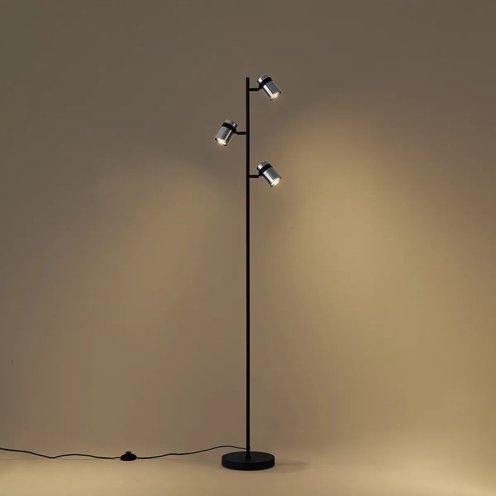 Lampada da terra moderna nera con vetro fumé 3 luci ruotabile e inclinabile - Gianni