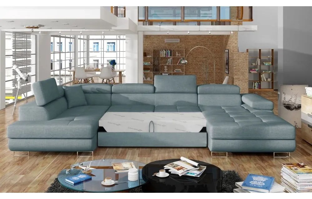 Divano angolare azzurro allungabile/con contenitore (con penisola a sinistra/a U) Rodrigo – ELTAP