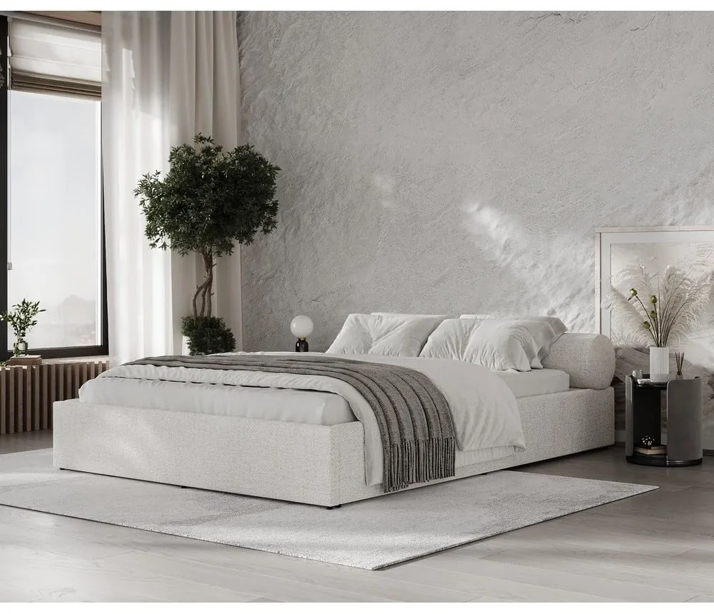Letto matrimoniale imbottito color crema con contenitore e rete inclusi 180x200 cm Solvo – Maison de Rêve