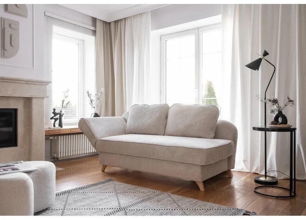 Chaise longue beige (con penisola a sinistra) con rivestimento in velluto a coste Chic Charlotte – Miuform