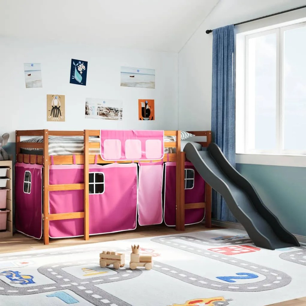 Letto A Soppalco Con Tende Bambini Rosa 90x200 Cm Massello Pino /