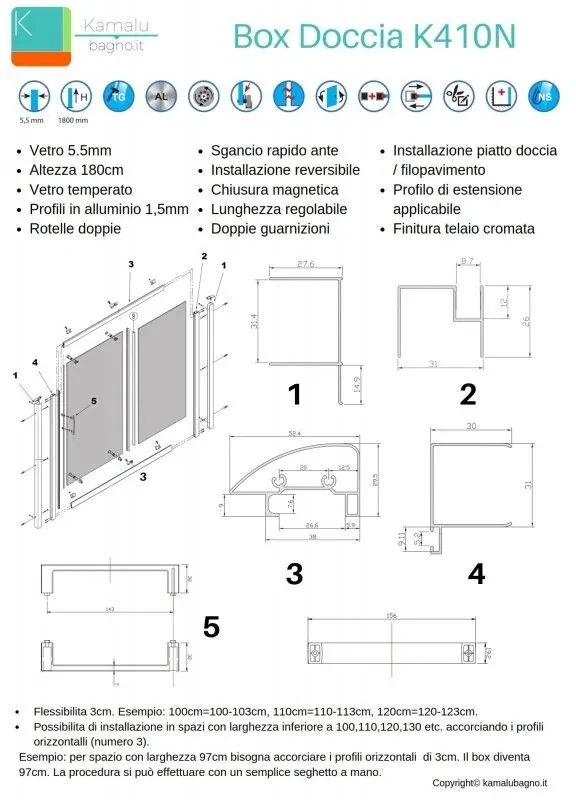 Box doccia nicchia 110cm vetro serigrafato altezza 180