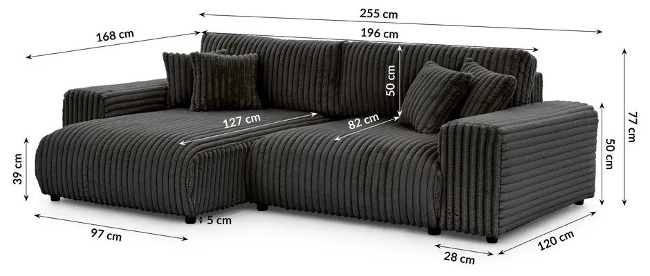 Divano angolare con penisola a sinistra grigio scuro e rivestimento in velluto a coste allungabile e con contenitore Sarina – Ropez