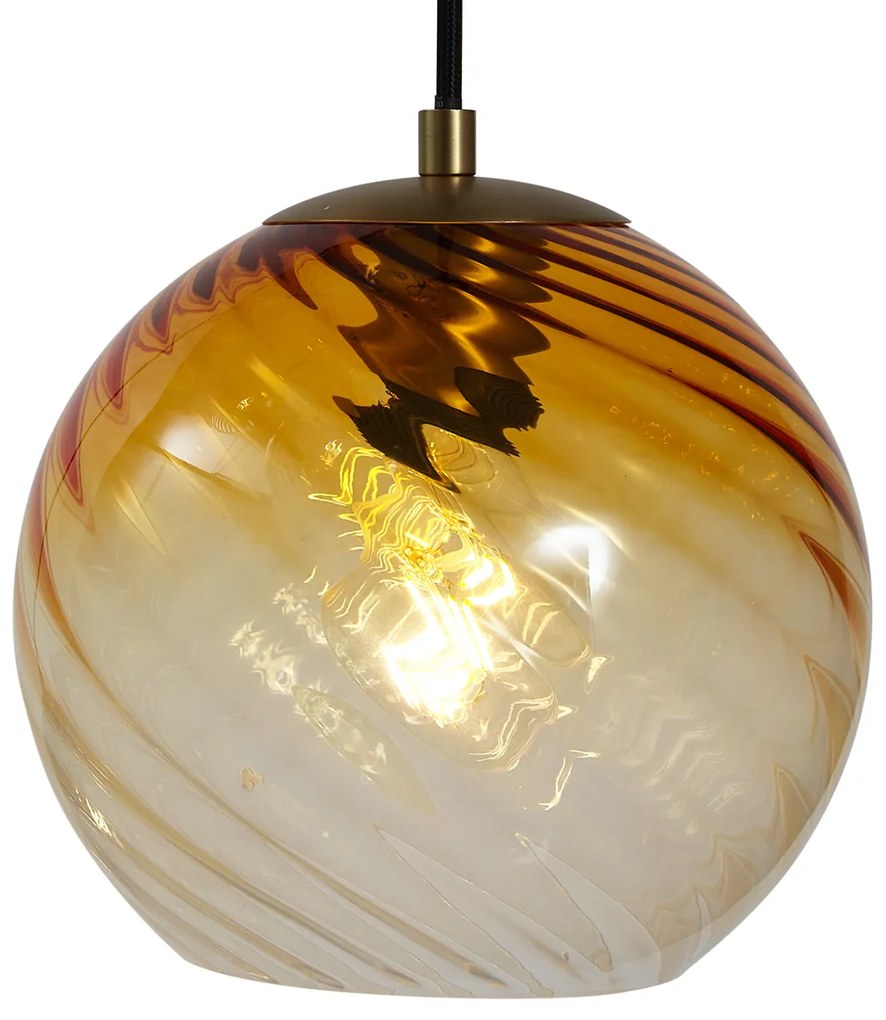 Lampada a sospensione bronzo con vetro fumé ambrato e verde rotonda a 4 luci - Bao