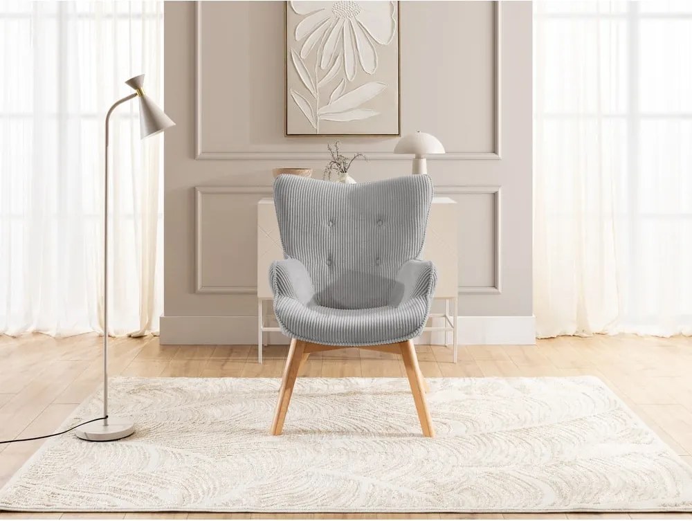 Poltrona con poggiapiedi grigia con rivestimento in velluto a coste Niko – Ropez