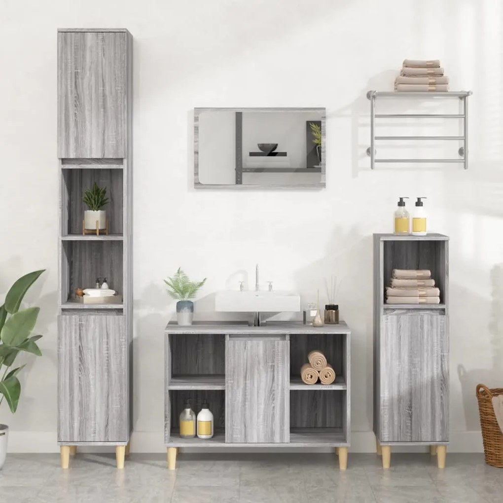 Set mobili da bagno 3 pz grigio sonoma in legno multistrato