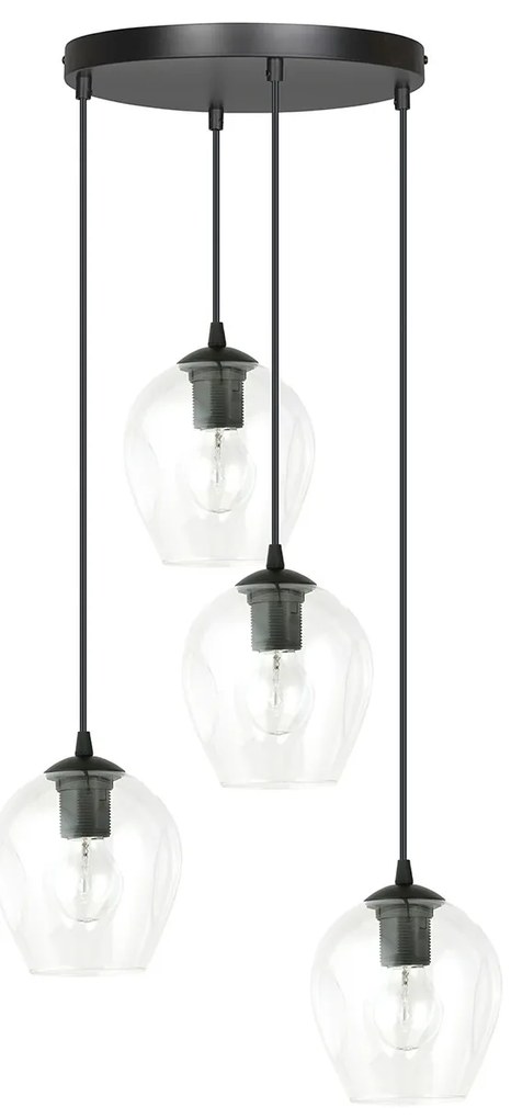 Lampadario 4 Luci Fuxi Base Tonda In Acciaio Nero E Vetri Trasparente