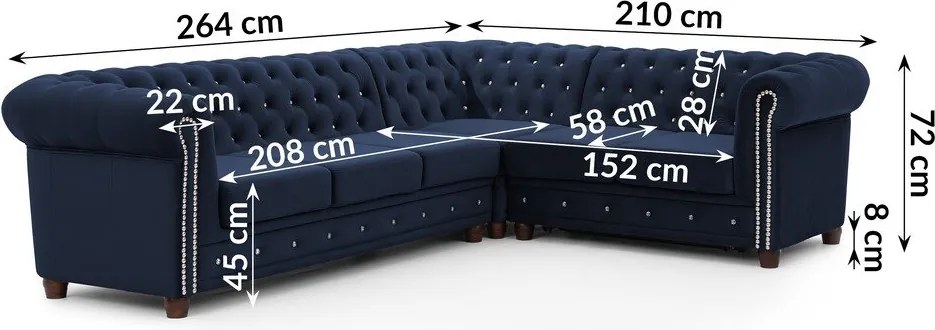 Divano angolare blu allungabile (con penisola a destra/a L) con rivestimento in velluto York Blik – Ropez