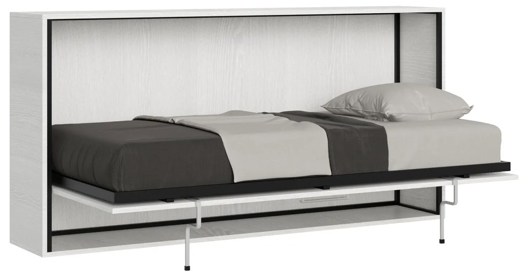 Letto a scomparsa singolo orizzontale Kando con materasso, Bianco Frassino / Non incluso