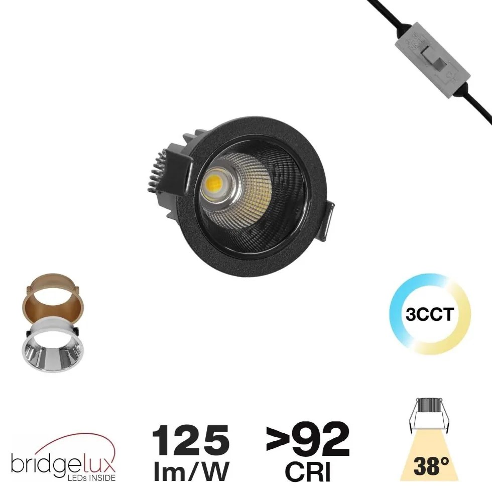 Faro da Incasso 7W Foro Ø55mm Nero IP40 CCT BRIDGELUX LED 3 Parabole Colore Bianco Variabile CCT