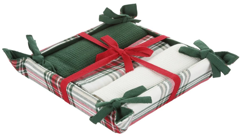 Set 3 strofinacci natalizi tartan bianco 50x70 cm cestino