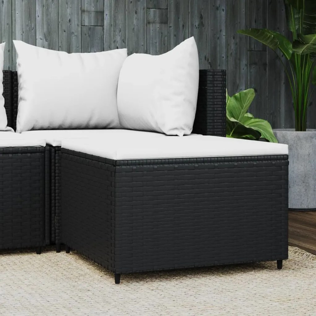 Poggiapiedi da giardino con cuscino in polyrattan nero