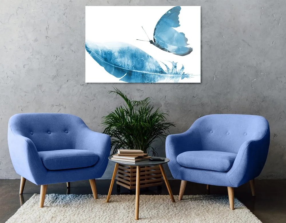 Stampa su tela – Piuma con farfalla in blu