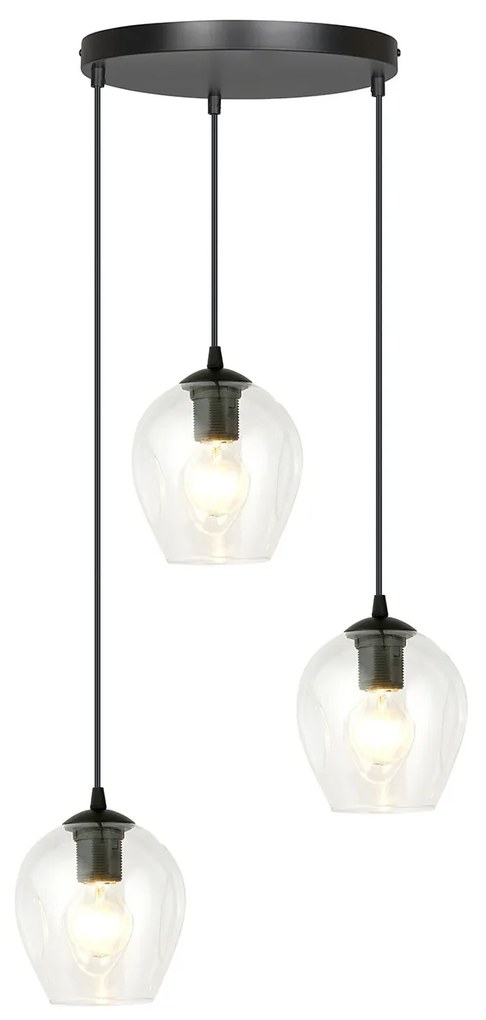 Lampadario 3 Luci Fuxi Base Tonda In Acciaio Nero E Vetri Trasparente